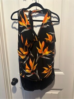 NWOT Magic Suit Women’s Black Halter Floral Tankini Top Orange Yellow Print 20W